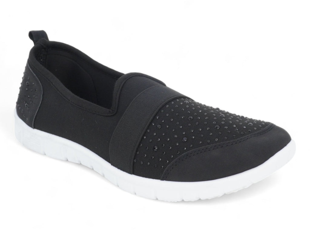 Women`s Black Elastic Rhinestone Slip-On Sneaker