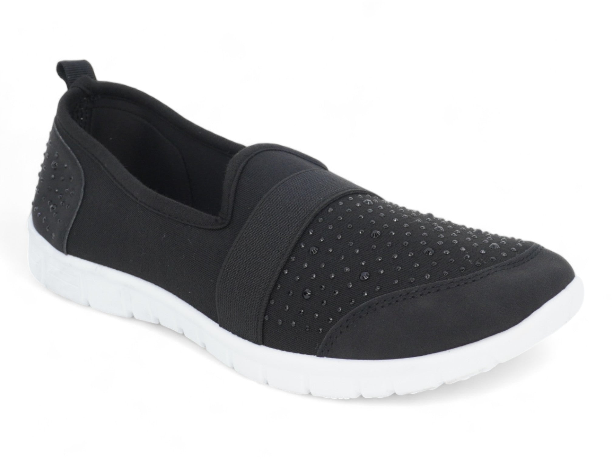 Women`s Black Elastic Rhinestone Slip-On Sneaker