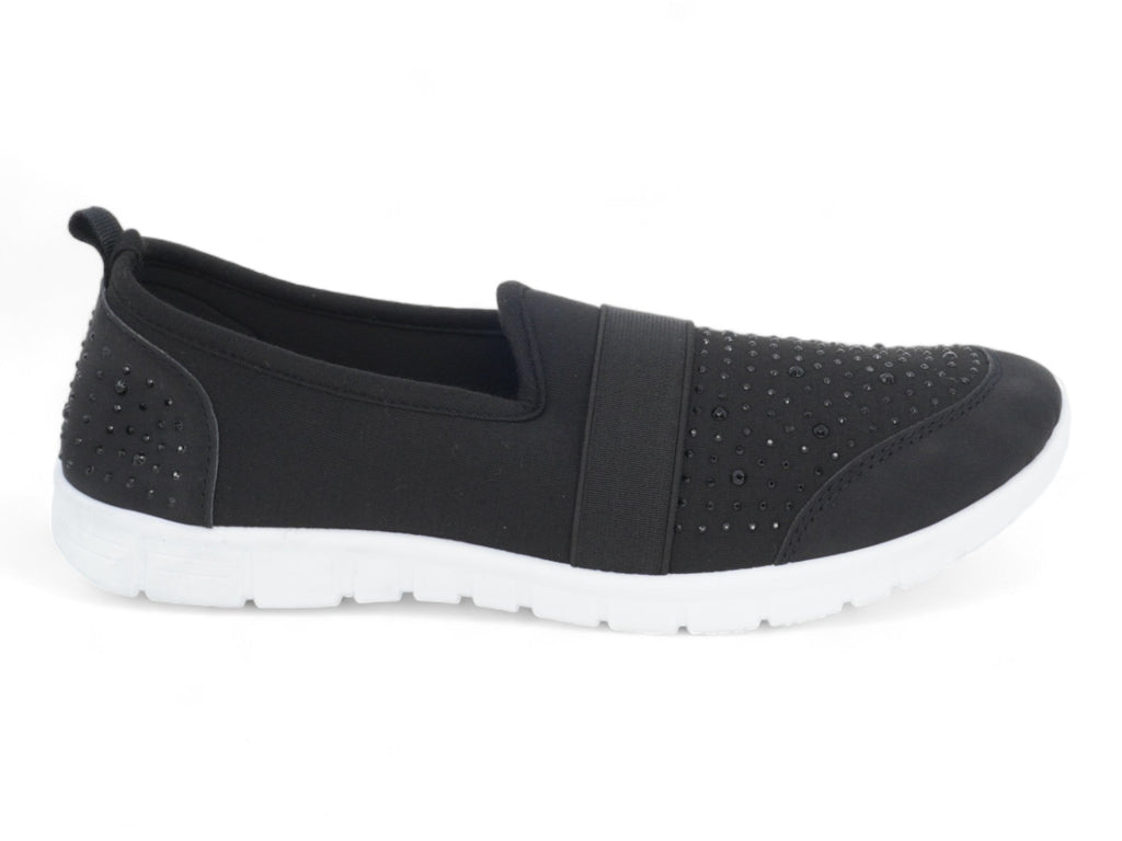 Women`s Black Elastic Rhinestone Slip-On Sneaker