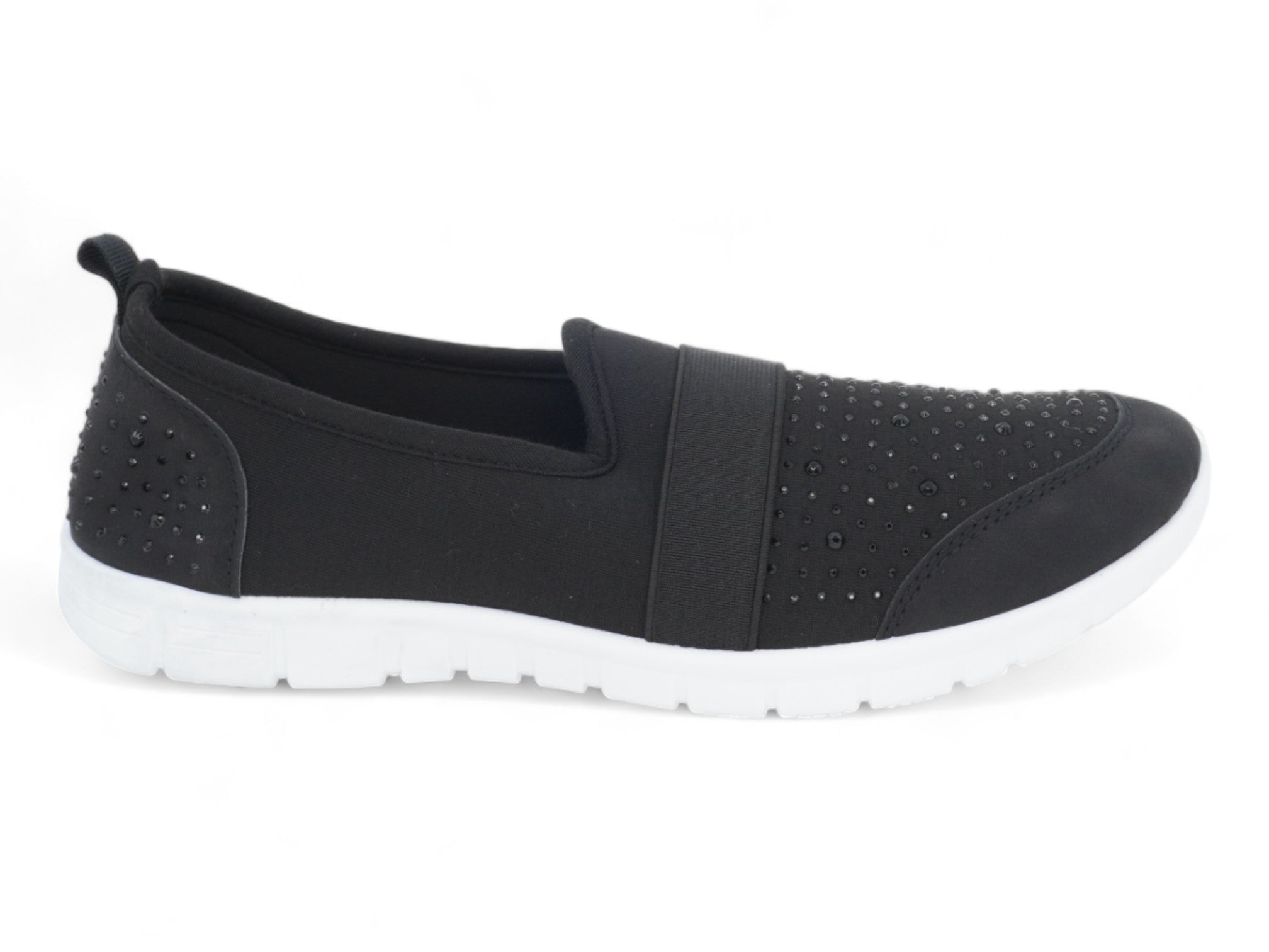 Women`s Black Elastic Rhinestone Slip-On Sneaker