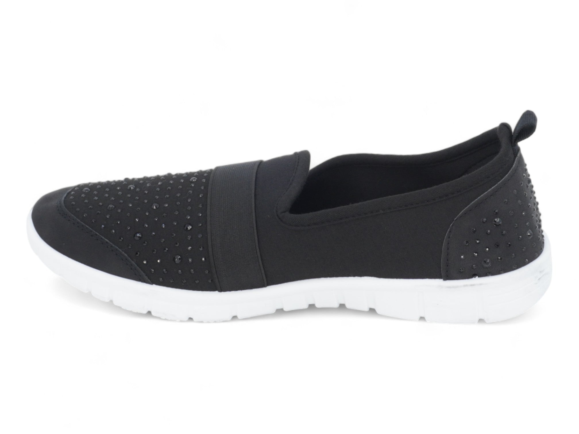Women`s Black Elastic Rhinestone Slip-On Sneaker