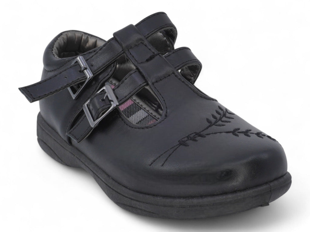 Girls` Black T-Strap School Shoe