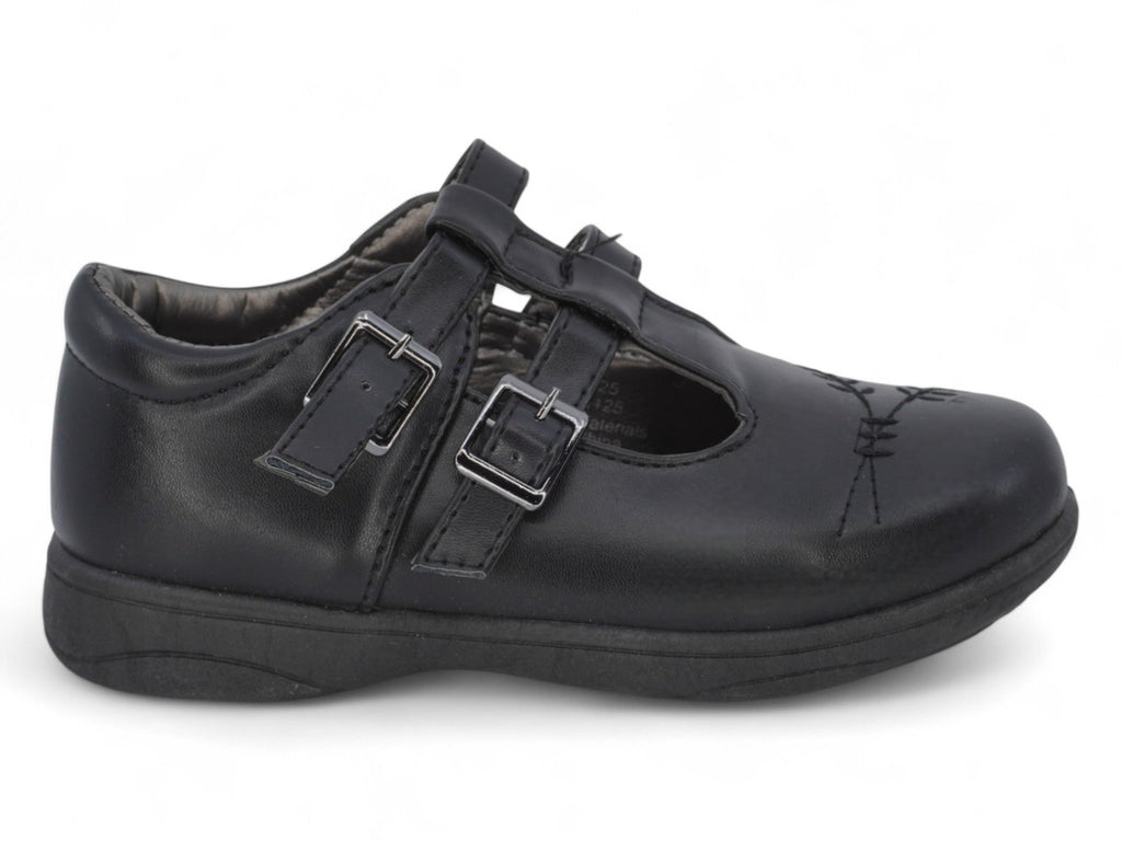 Girls` Black T-Strap School Shoe