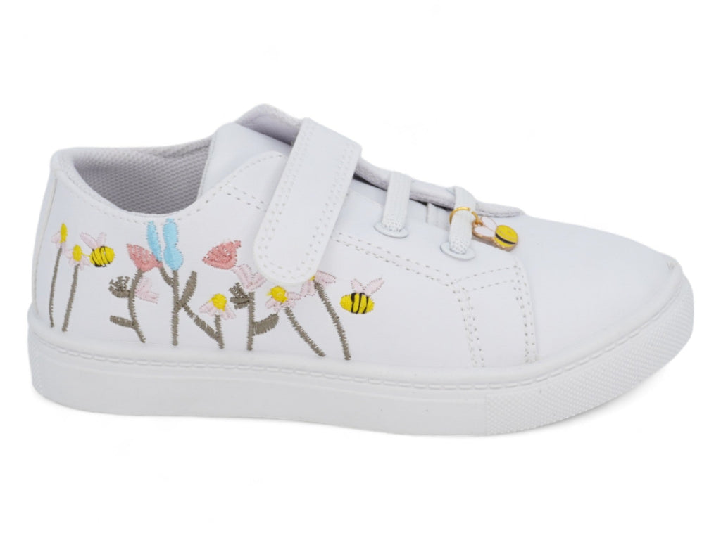 Girls` White Flower & Bee Sneaker