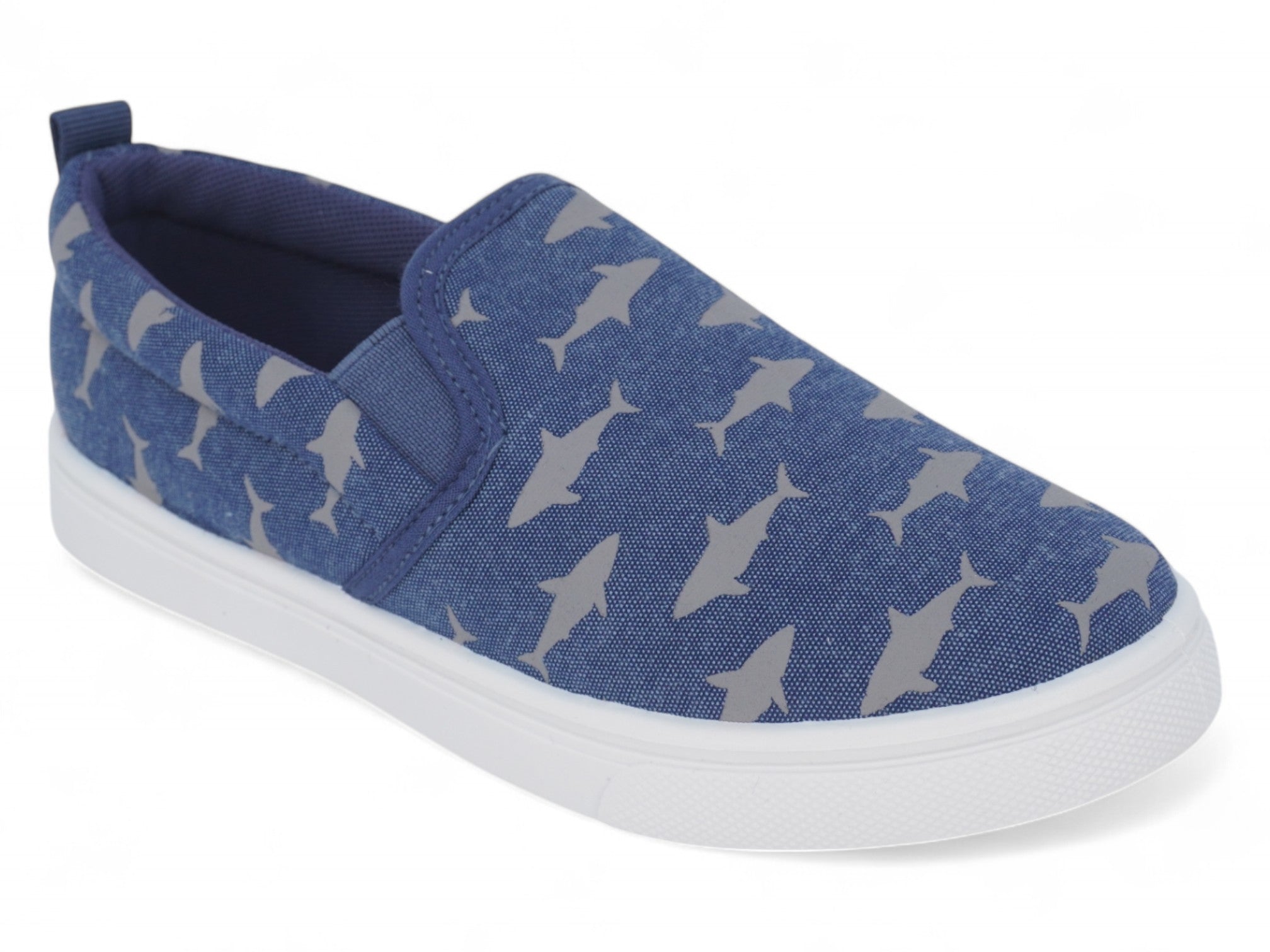 Boys` Blue Shark Canvas Slip On