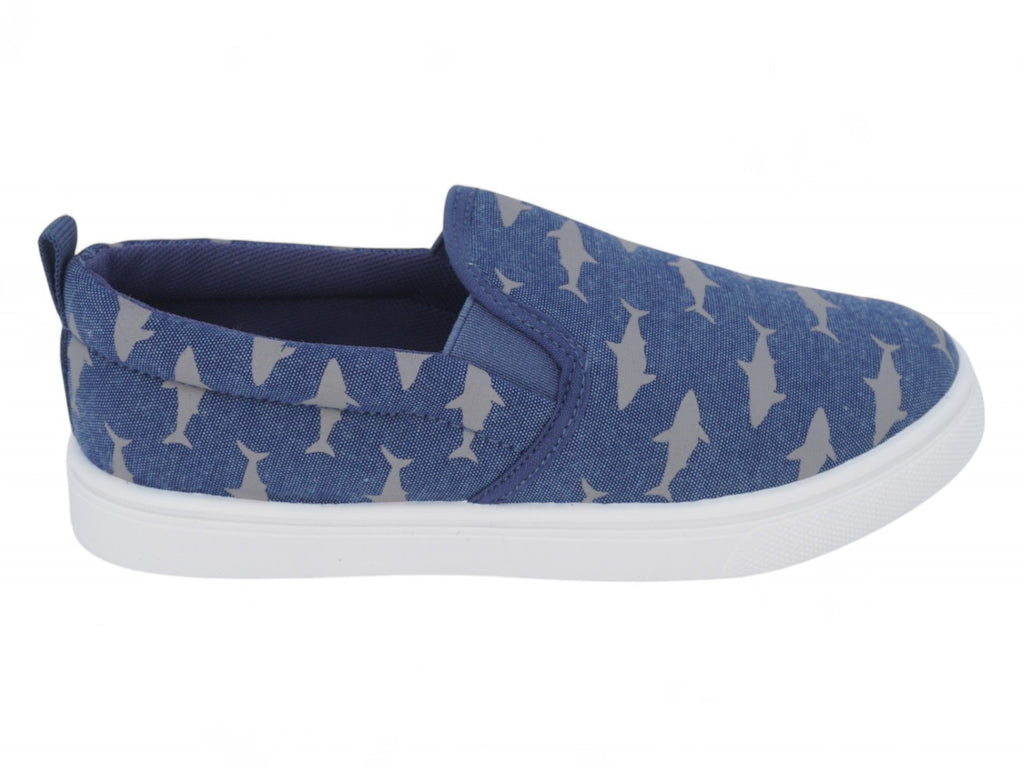 Boys` Blue Shark Canvas Slip On