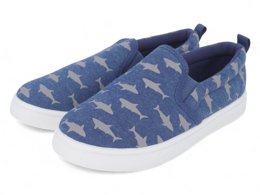 Boys` Blue Shark Canvas Slip On