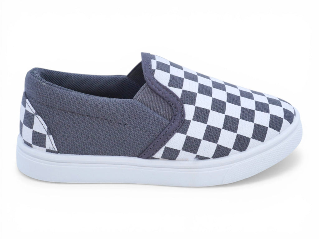 Boys` White and Gray Checker Canvas Slip On