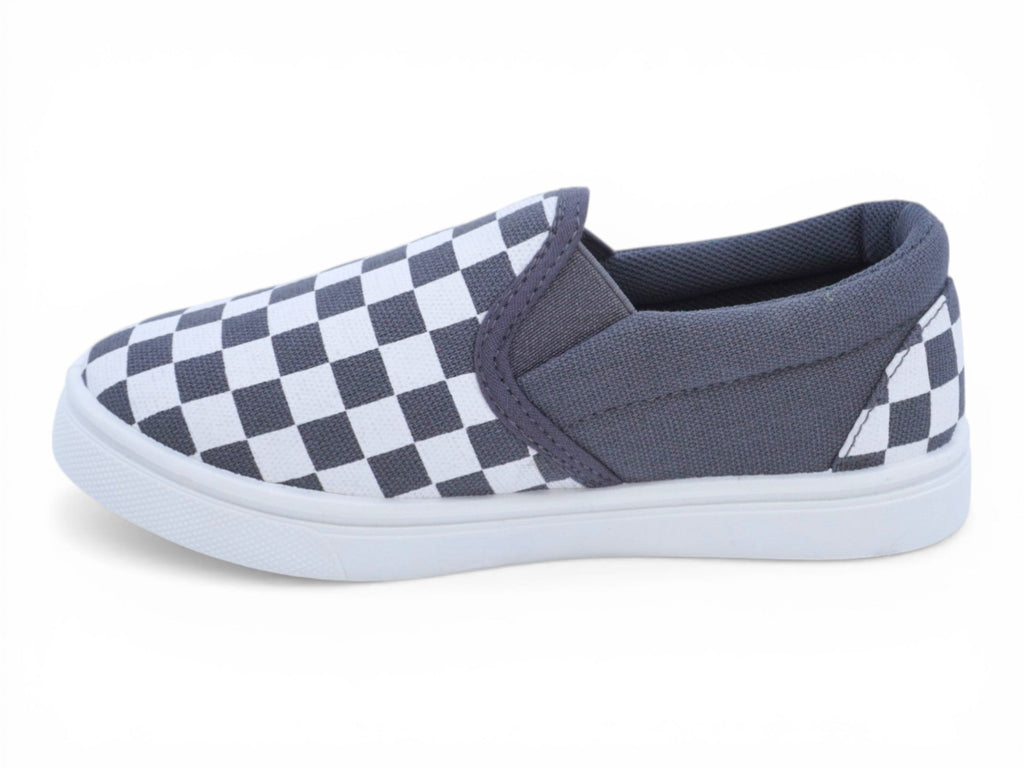 Boys` White and Gray Checker Canvas Slip On